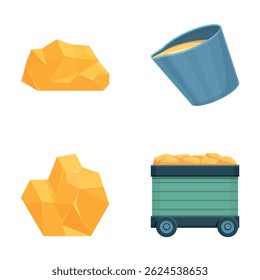 Digging treasure icons set cartoon vector. Cart full of gold nugget. Goldmine