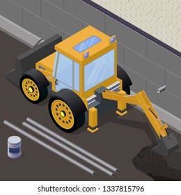 Digging a trench for a pipeline. Excavator on a construction site in isometric