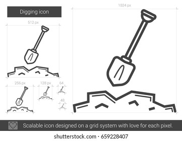 Digging vector line icon isolated on white background. Digging line icon for infographic, website or app. Scalable icon designed on a grid system.