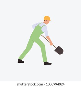 Digging worker flat icon. Shovel, spade, coverall. Builder concept. Can be used for topics like construction, site, blue collar