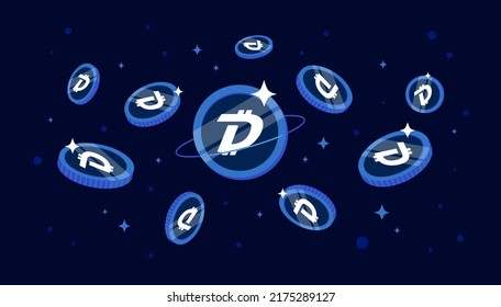 DigiByte (DGB) coins falling from the sky. DGB cryptocurrency concept banner background.