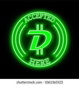 DigiByte (DGB) green  neon cryptocurrency symbol in round frame with text "Accepted here". Vector illustration isolated on black background
