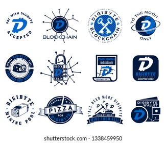 Digibyte logos set. Digital asset concept. Pay with DGB accepted, mining quotes. Crypto emblems. Blockchain technology stickers for printing. Stock vector tech illustrations isolated on white