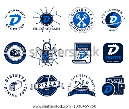 Digibyte logos set. Digital asset concept. Pay with DGB accepted, mining quotes. Crypto emblems. Blockchain technology stickers for printing. Stock vector tech illustrations isolated on white
