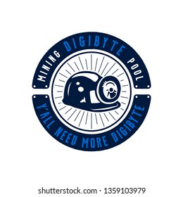 Digibyte mining badge concept. Digital asset DGB. I need more digibyte quote. Funny crypto emblem with helmet. Blockchain technology sticker for printing. Stock vector tech illustration isolated