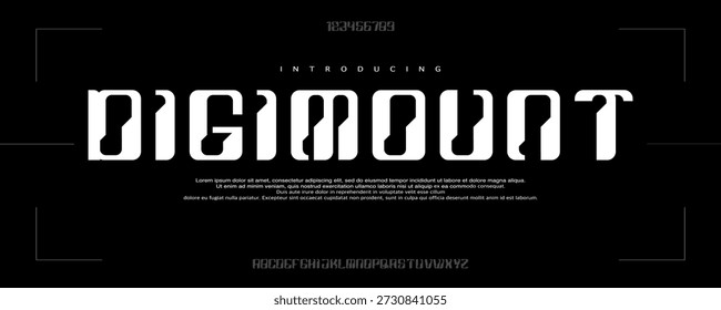 Digimount font is A futuristic tech display font with bold geometric shapes, angular cuts, and digital sci-fi character for modern visuals.”