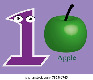Digit 1 with eyes, Apple one green with the name. Cartoon style, for your illustration. For children's development, kindergarten to teach numbers.