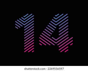 Digit 14 is written with colorful digital lines. Abstract number 14 logo design template. Logo type vector design