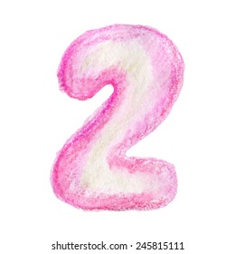 Digit 2. Handwritten alphabet drawing by watercolor pencils