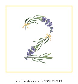 Digit 2 monogram. Retro sign alphabet with lavender flower initial. Watercolor style, botanical illustration isolated on white. Vintage vector font typeface
