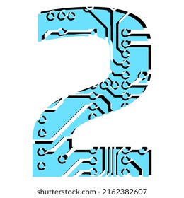 Digit 2 perforated with PCB circuit board tracks isolated on white. Colored digit for headlines of modern digital world. Vector design element.