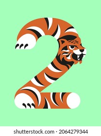 Digit 2 with stilizated tiger for create 2022 greeting card isolated. Flat Art Vector Illustration