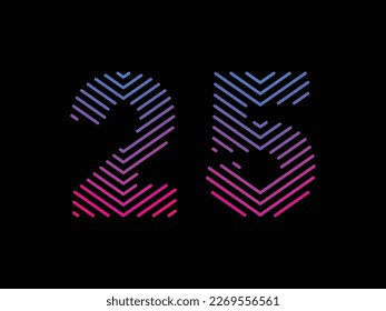 Digit 25 is written with colorful digital lines. Abstract number 25 logo design template. Logo type vector design