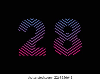 Digit 28 is written with colorful digital lines. Abstract number 28 logo design template. Logo type vector design