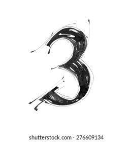 Digit 3. Alphabet Symbol - Grunge Hand Draw Paint / Vector Illustration