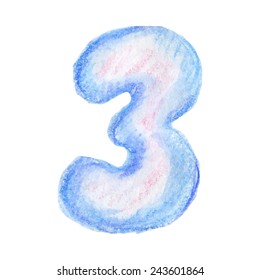 Digit 3. Handwritten alphabet drawing by watercolor pencils