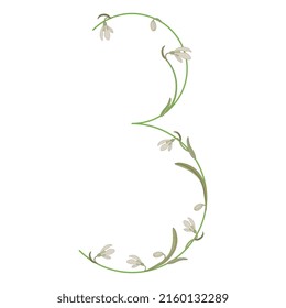 Dígito 3. Número tres. Fuente floral con flores nevadas. Número botánico. Sobre fondo blanco.