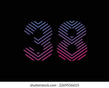 Digit 38 is written with colorful digital lines. Abstract number 38 logo design template. Logo type vector design