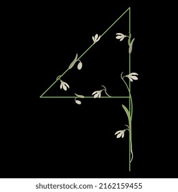 Digit 4. Number four. Floral font with snowdrop flowers. Botanical numeral. On black background.