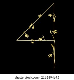 Digit 4. Number four. Floral font with snowdrop flowers. Botanical numeral. Golden glossy silhouette on black background.