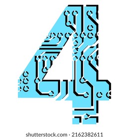 Digit 4 perforated with PCB circuit board tracks isolated on white. Colored digit for headlines of modern digital world. Vector design element.
