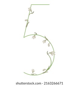 Dígito 5. Número cinco. Fuente floral con flores nevadas. Número botánico. Sobre fondo blanco.