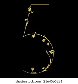 Digit 5. Number five. Floral font with snowdrop flowers. Botanical numeral. Golden glossy silhouette on black background.