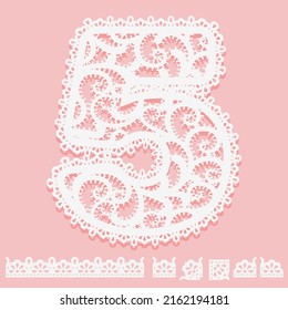 Digit 5 written of white lace isolated on pink background. Pattern brush with corner and end elements and number five Border for frame. Lacy item for design card or invitation Vector illustration