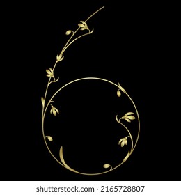 Digit 6. Number six. Floral font with snowdrop flowers. Botanical numeral. Golden glossy silhouette on black background.