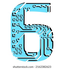Digit 6 perforated with PCB circuit board tracks isolated on white. Colored digit for headlines of modern digital world. Vector design element.