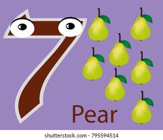 Digit 7 with eyes, seven pears with a name. Cartoon style, for your illustration. For children's development, kindergarten to teach numbers.