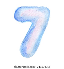 Digit 7. Handwritten alphabet drawing by watercolor pencils