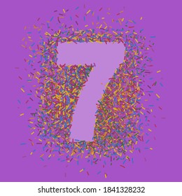 Digit 7 outline made of confetti multi colored pieces. Colorful background. Vector.