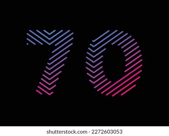 Digit 70 is written with colorful digital lines. Abstract digit 70 logo design template. Logo type vector design