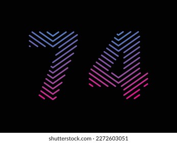 Digit 74 is written with colorful digital lines. Abstract digit 74 logo design template. Logo type vector design