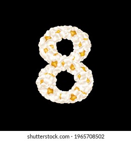 The digit 8 made up of airy popcorn. Vector illustration.