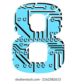 Digit 8 perforated with PCB circuit board tracks isolated on white. Colored digit for headlines of modern digital world. Vector design element.