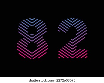 Digit 82 is written with colorful digital lines. Abstract digit 82 logo design template. Logo type vector design