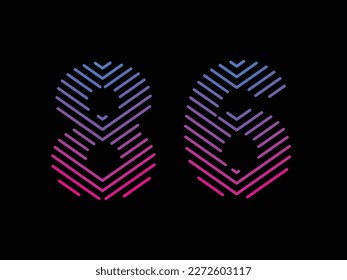 Digit 86 is written with colorful digital lines. Abstract digit 86 logo design template. Logo type vector design