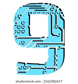 Digit 9 perforated with PCB circuit board tracks isolated on white. Colored digit for headlines of modern digital world. Vector design element.