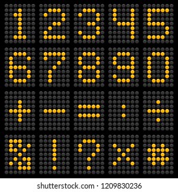 Digit in airport (train, bus station) digital board style - led display information scoreboard with digits from 0 to 9, symbol of percent, exclamation, hashtag, interrogation and other punctuation