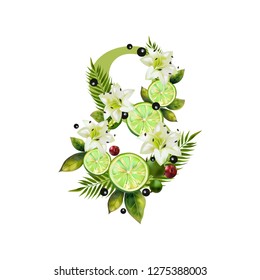 Digit Eight of realistic lime and flowers on a white background. The figure is decorated with lilies, palm leaves and cherries