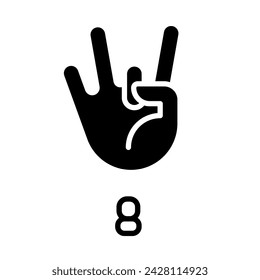 Digit eight sign in ASL black glyph icon. Gesture language element. Non verbal communication system. Silhouette symbol on white space. Solid pictogram. Vector isolated illustration