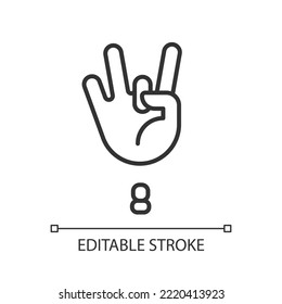 Digit Eight Sign In ASL Pixel Perfect Linear Icon. Gesture Language. Nonverbal Communication. Thin Line Illustration. Contour Symbol. Vector Outline Drawing. Editable Stroke. Arial Font Used