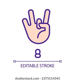 Digit eight sign in ASL pixel perfect RGB color icon. Gesture language. Nonverbal communication. Isolated vector illustration. Simple filled line drawing. Editable stroke. Arial font used