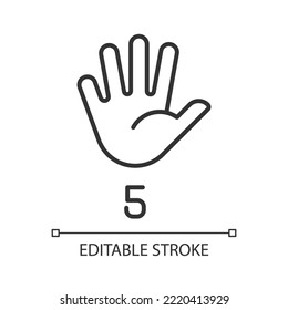 Digit five in American sign language pixel perfect linear icon. Communication system. Gesture. Thin line illustration. Contour symbol. Vector outline drawing. Editable stroke. Arial font used