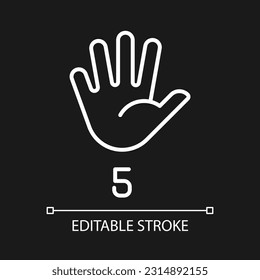 Digit five in American sign language pixel perfect white linear icon for dark theme. Communication system. Thin line illustration. Isolated symbol for night mode. Editable stroke. Arial font used