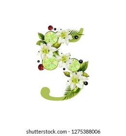 Digit Five of realistic lime and flowers on a white background. The figure is decorated with lilies, palm leaves and cherries