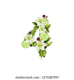 Digit Four of realistic lime and flowers on a white background. The figure is decorated with lilies, palm leaves and cherries