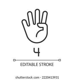 Digit four sign in ASL pixel perfect linear icon. Nonverbal communication performing. Modality. Thin line illustration. Contour symbol. Vector outline drawing. Editable stroke. Arial font used